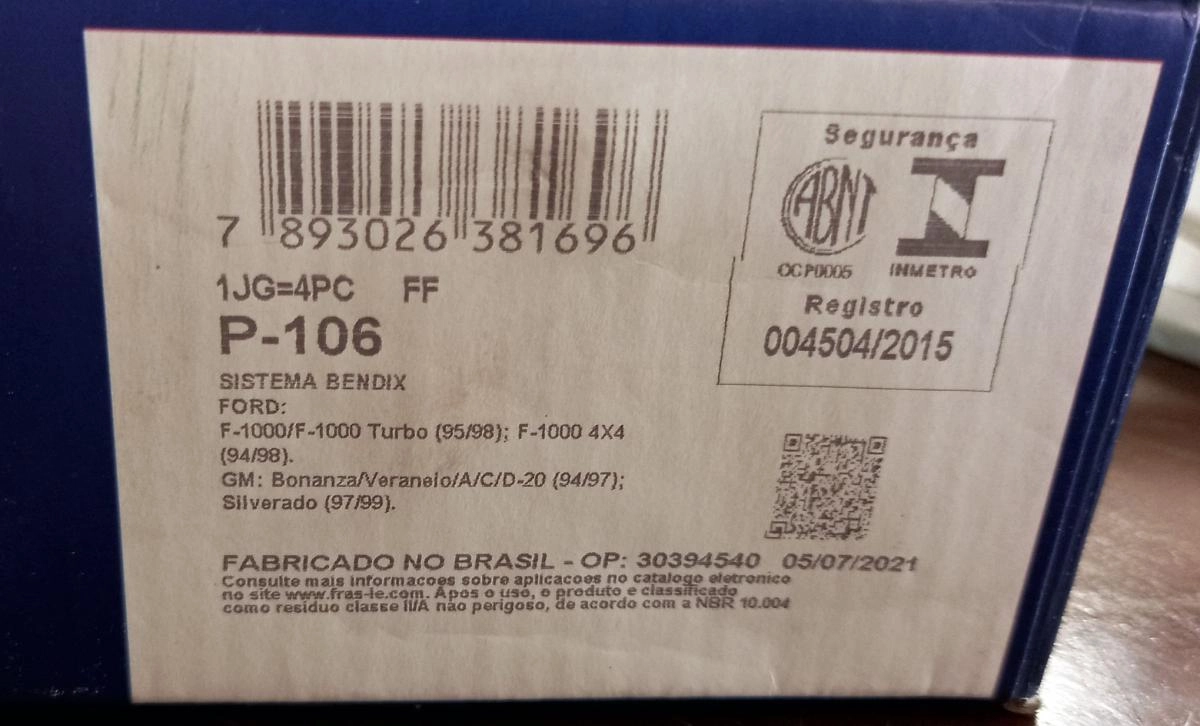 PASTILHA FREIO RODA DIANTEIRA FORD F-1000 94/98 GM D 20/SILVERADO 95/