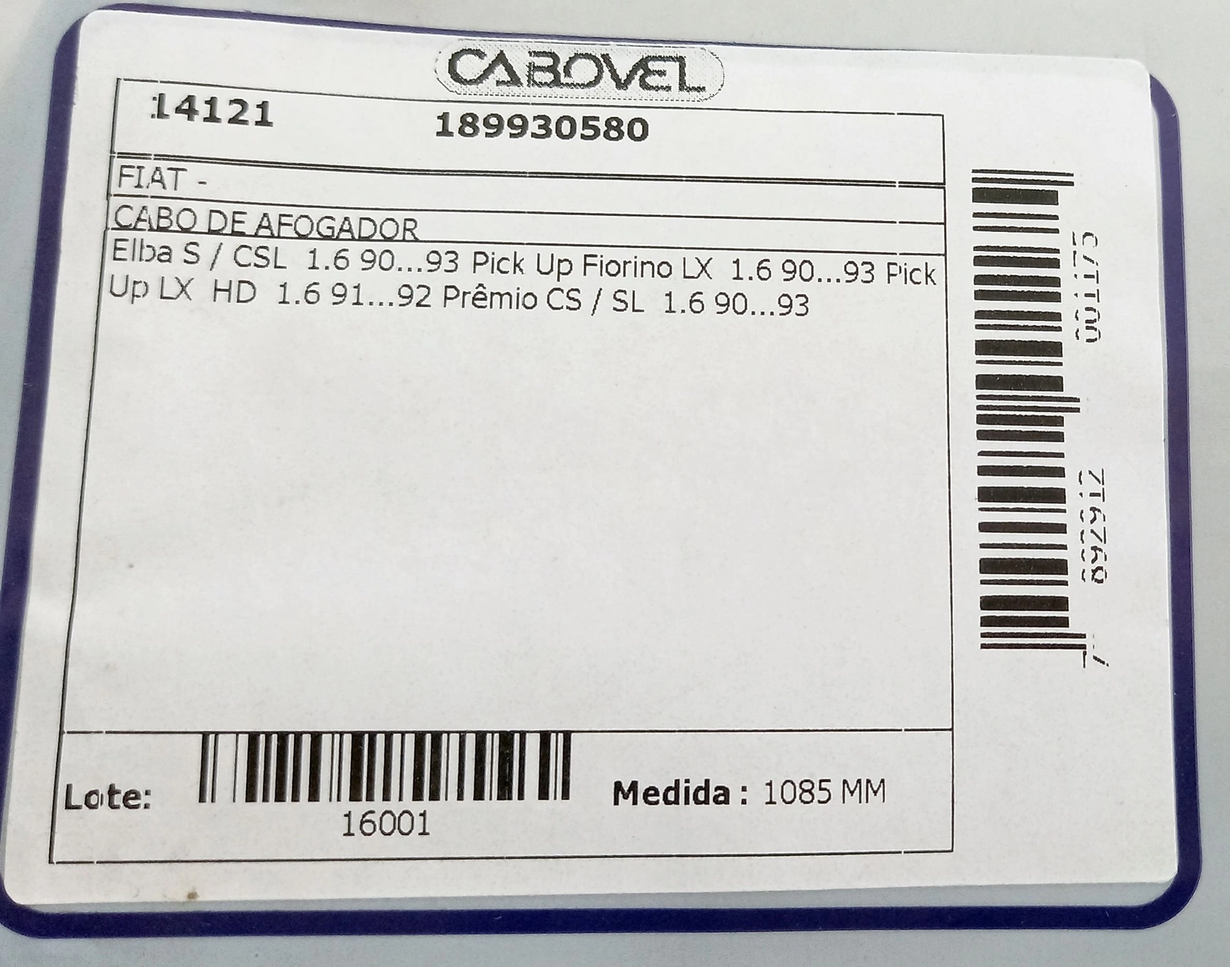 CABO AFOGADOR FIAT PREMIO/ELBA CS/SL - 1.6 - FIORINO LX 1.6 - 90/93 1085MM