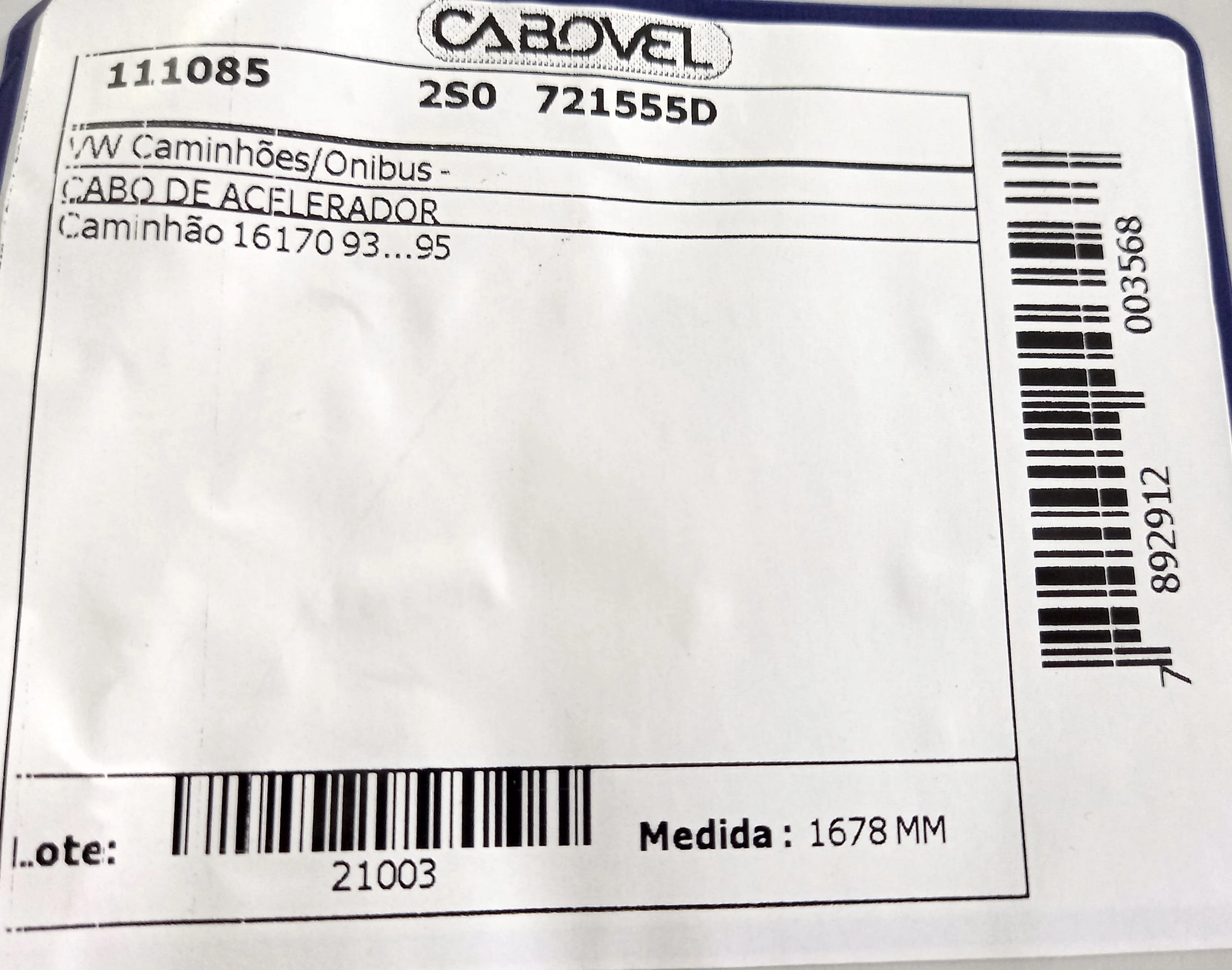CABO ACELERADOR 1678MM VW 16.170 93/95