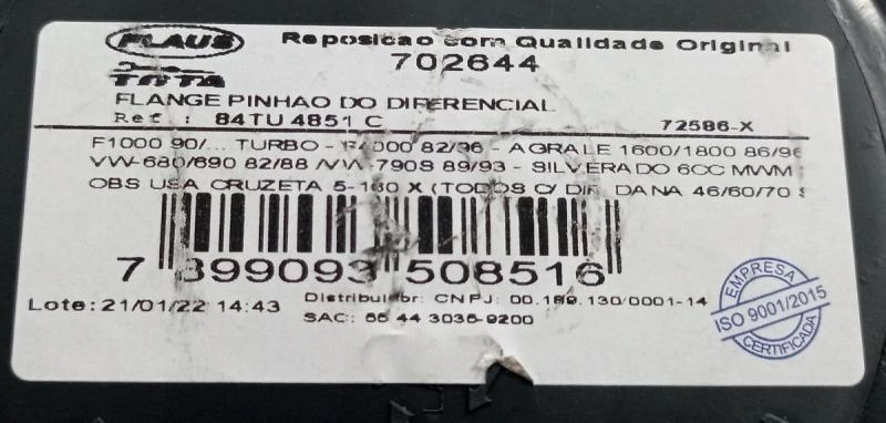 TERMINAL CARDAN FORD F-1000/4000 TURBO - AGRALE 1600/1800 - VW 6.80/6.90/7.90 - PINHAO DIFERENCIAL