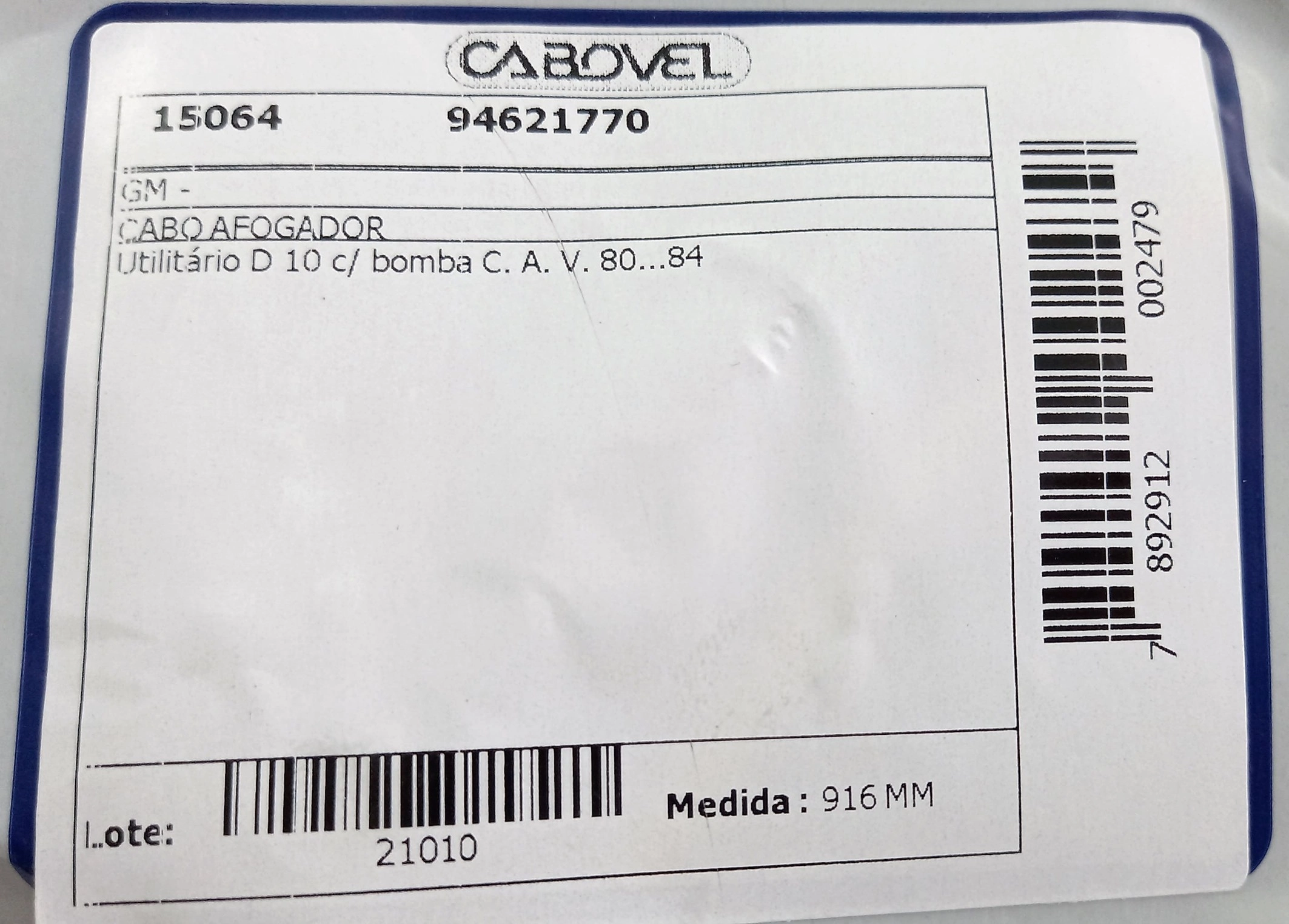 CABO ESTRANGULADOR 916MM COM BOTÃO GM D-10 1980/1984 BOMBA CAV
