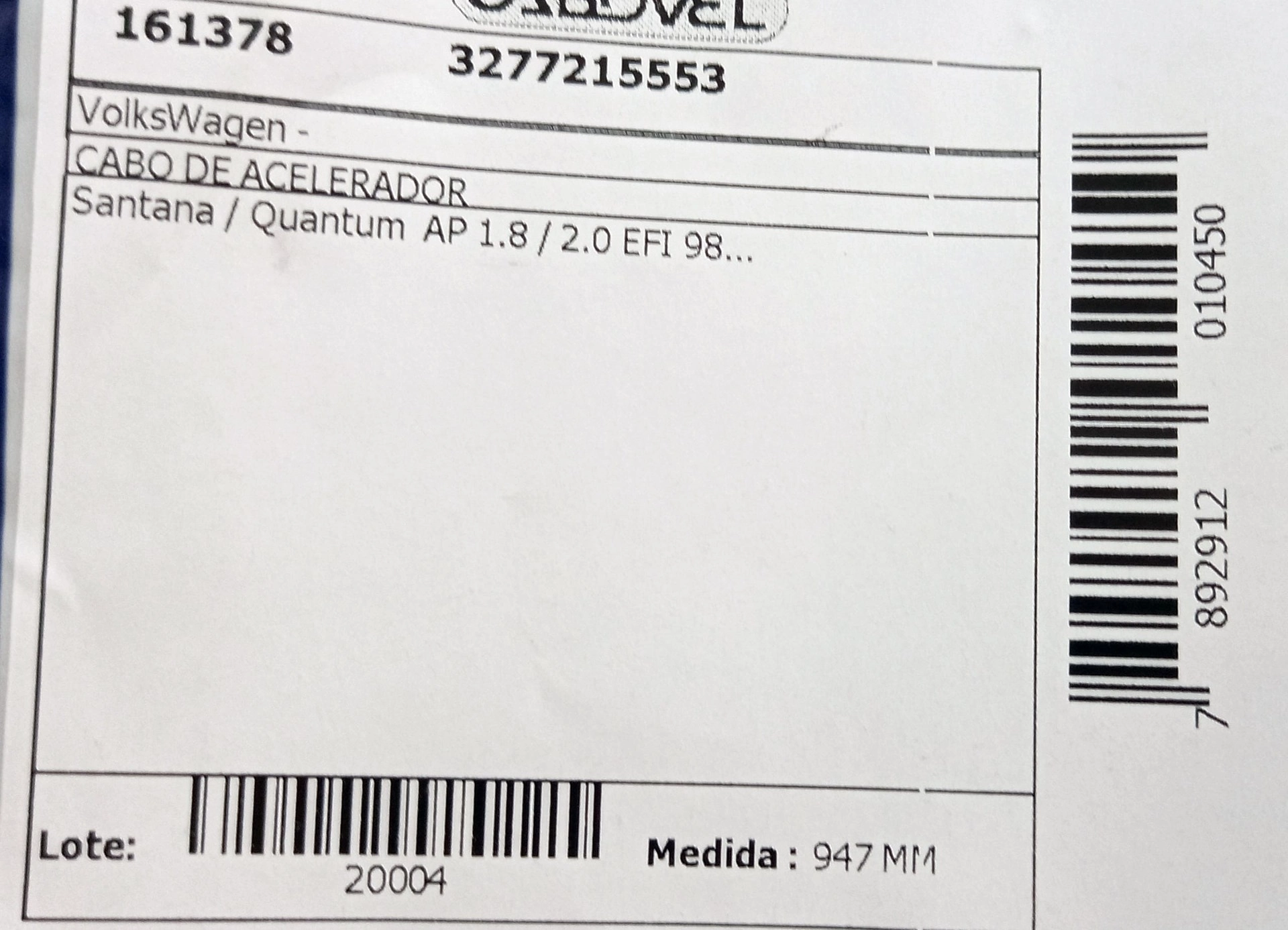 CABO ACELERADOR MOTOR AP 1.8/2.0 EFI 947MM VW SANTANA/QUANTUM 02.1998/