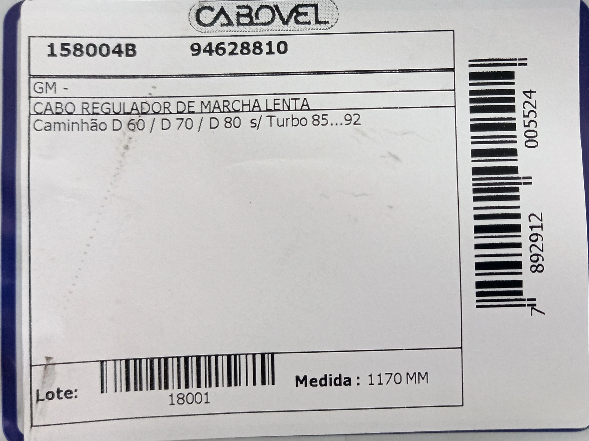 CABO LENTA GM D-60/D-70/D-80 - S/TURBO 85/92 1170