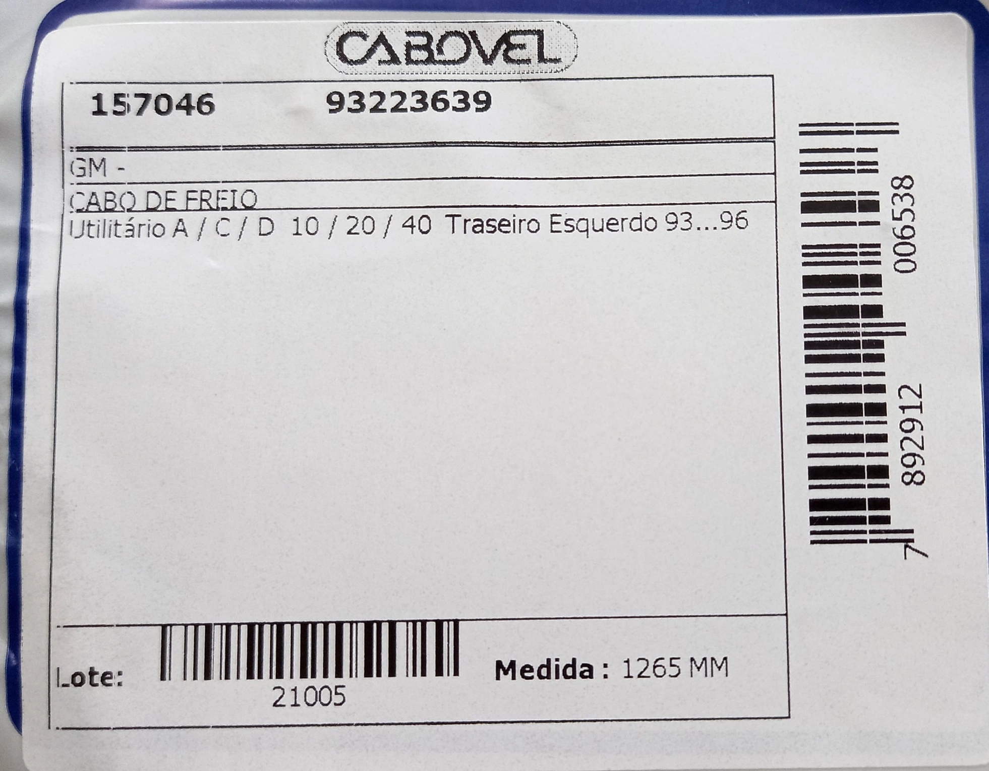 CABO FREIO TRASEIRO ESQUERDO GM A-10/A-20/A-40/D-10/D-20/D-40/C-10/C-20/C-40 1993/1996 - 1265MM