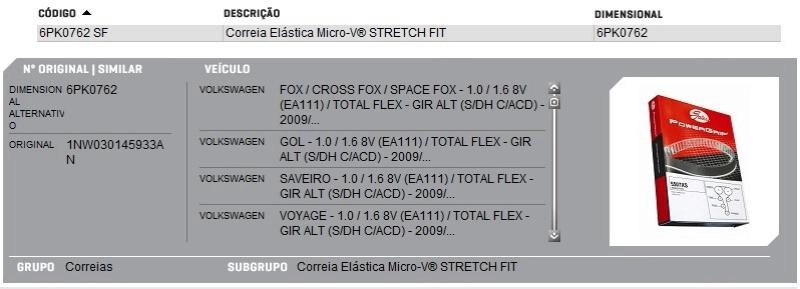 CORREIA POLY/MICRO V ELÁSTICA ALTERNADOR ACESSÓRIOS MOTOR AR CONDICIONADO GIR/ALT S/DH C/ACD VW GOL/VOYAGE/SAVEIRO/FOX/SPACEFOX/CROSSFOX 2009/