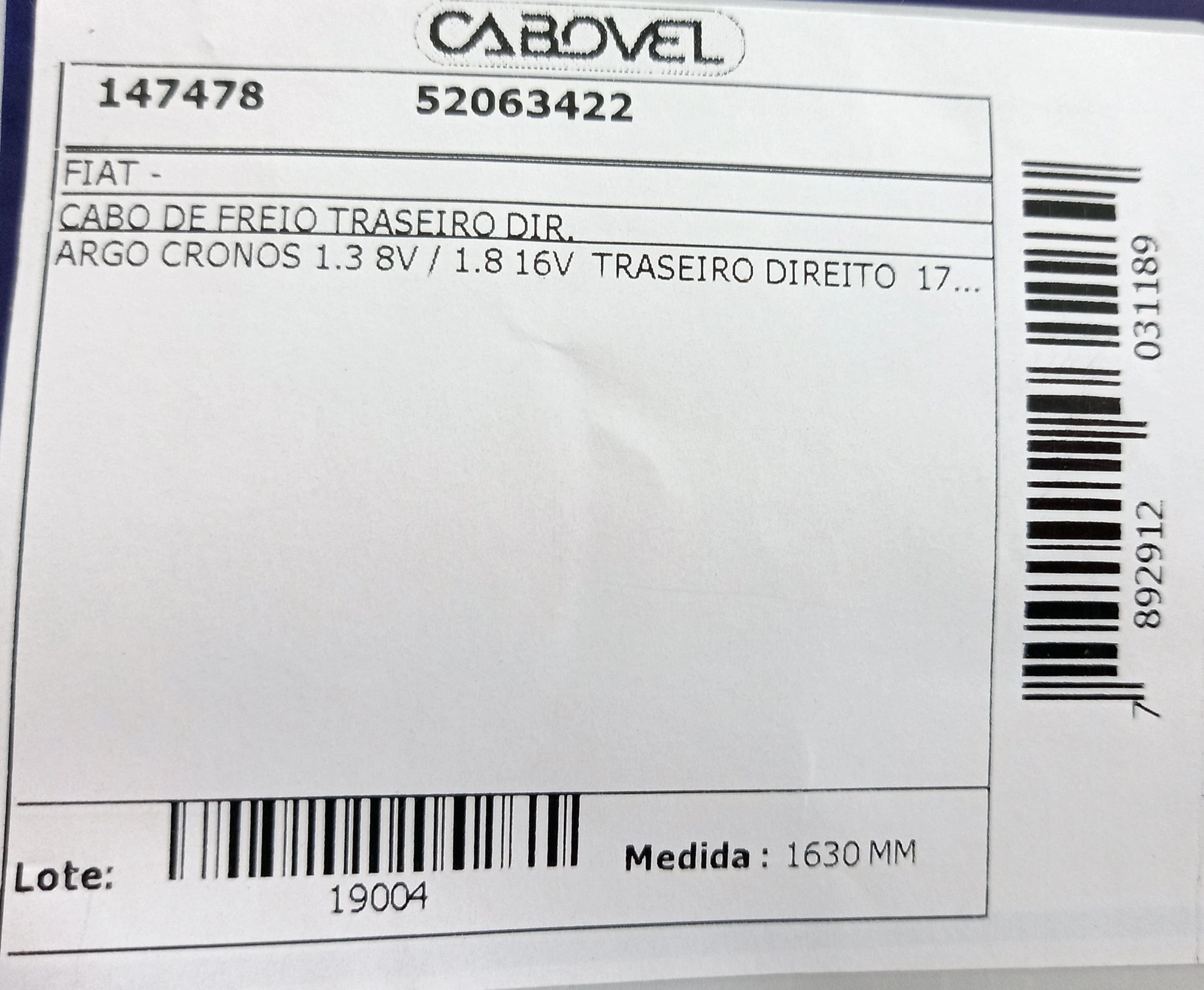 CABO FREIO FIAT ARGO/CRONOS 1.3/1.8 2017/ - TRASEIRO DIREITO 1630