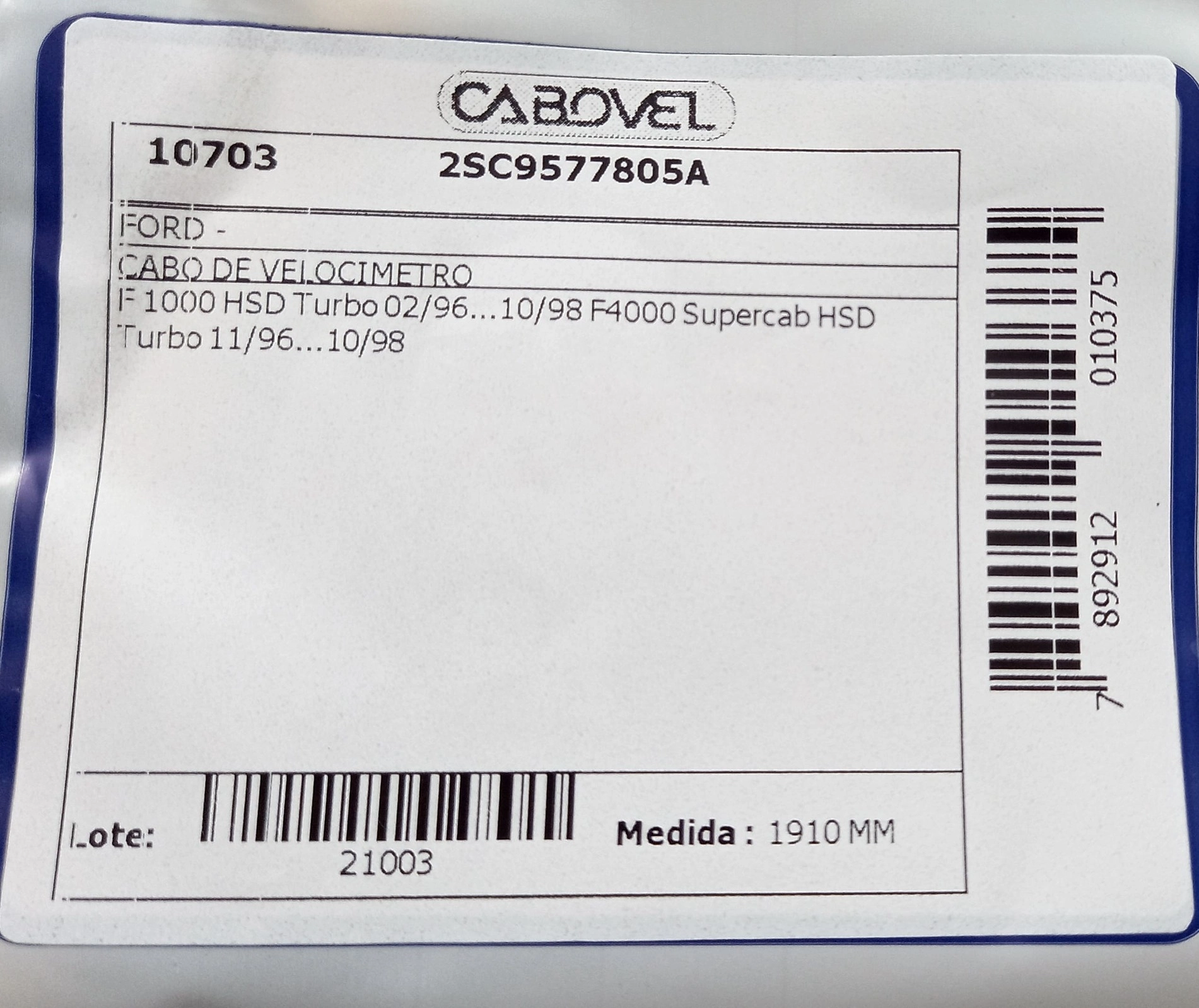 CABO DE VELOCIMETRO FORD F-1000/F-4000 HSD TURBO 11.1997/ - 1910MM