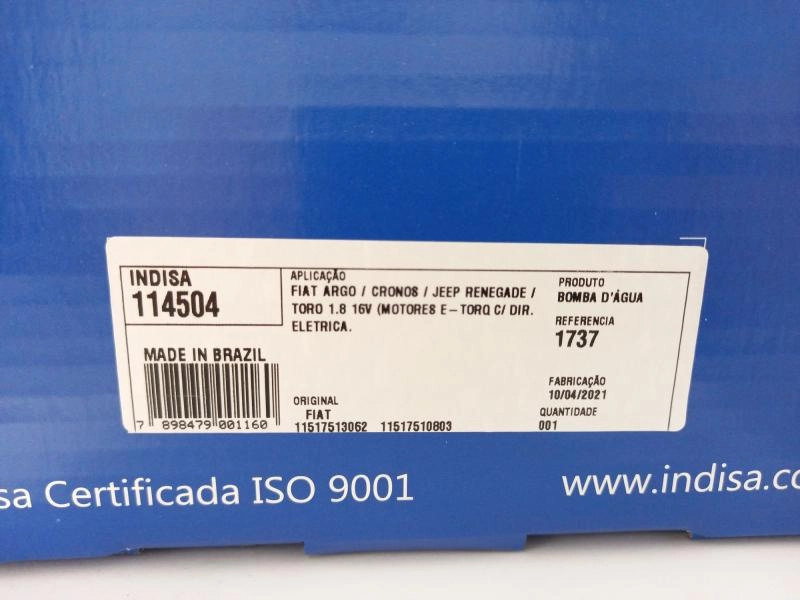 BOMBA ÁGUA COMPLETA DIREÇÃO ELÉTRICA FIAT ARGO/CRONOS/TORO 1.8 16V 16/ - JEEP 1.8 16V 15/ - E.TORQ
