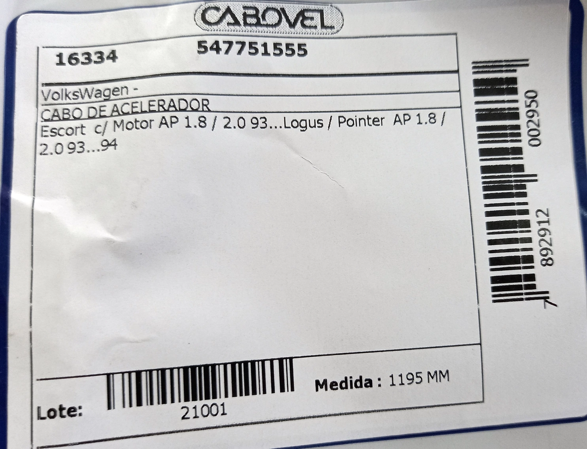 CABO ACELERADOR VW LOGUS/POINTER - AP 1.8/2.0 93/94 1195