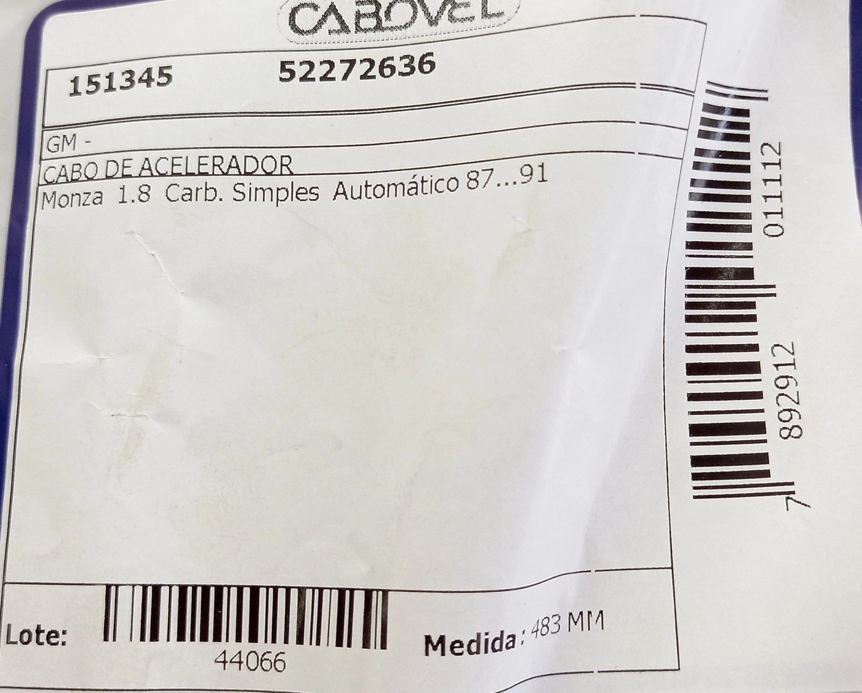 CABO ACELERADOR GM MONZA 1.8 87/91 AUTOMATICO - CARBURADOR SIMPLES 483
