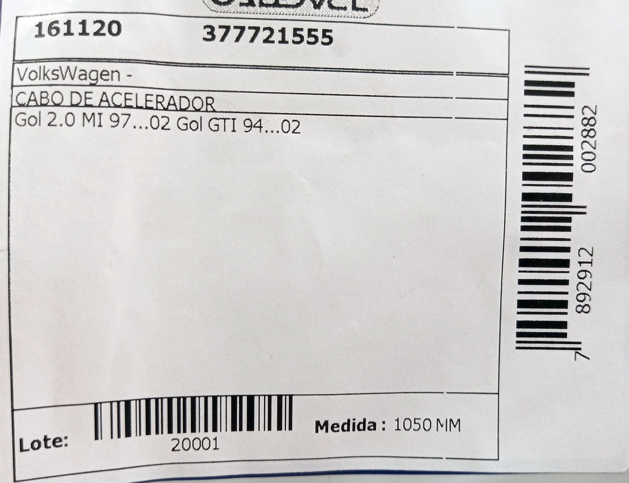 CABO ACELERADOR 1050MM VW GOL 2.0 MI 97/ GTI 09.94/ 1050