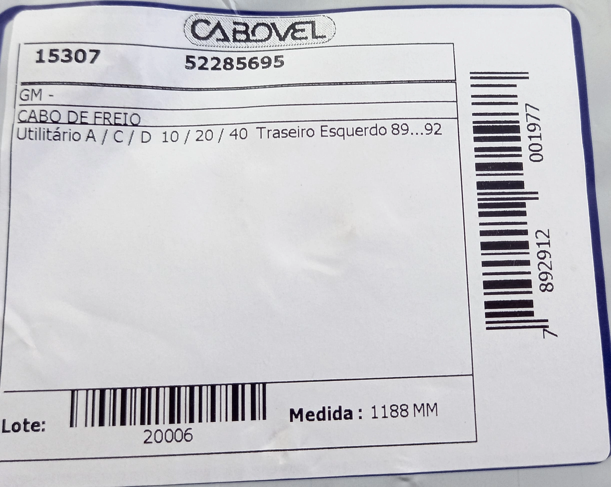 CABO FREIO TRASEIRO ESQUERDO 1188MM GM A/C/D-10/20/40 89/92 1188
