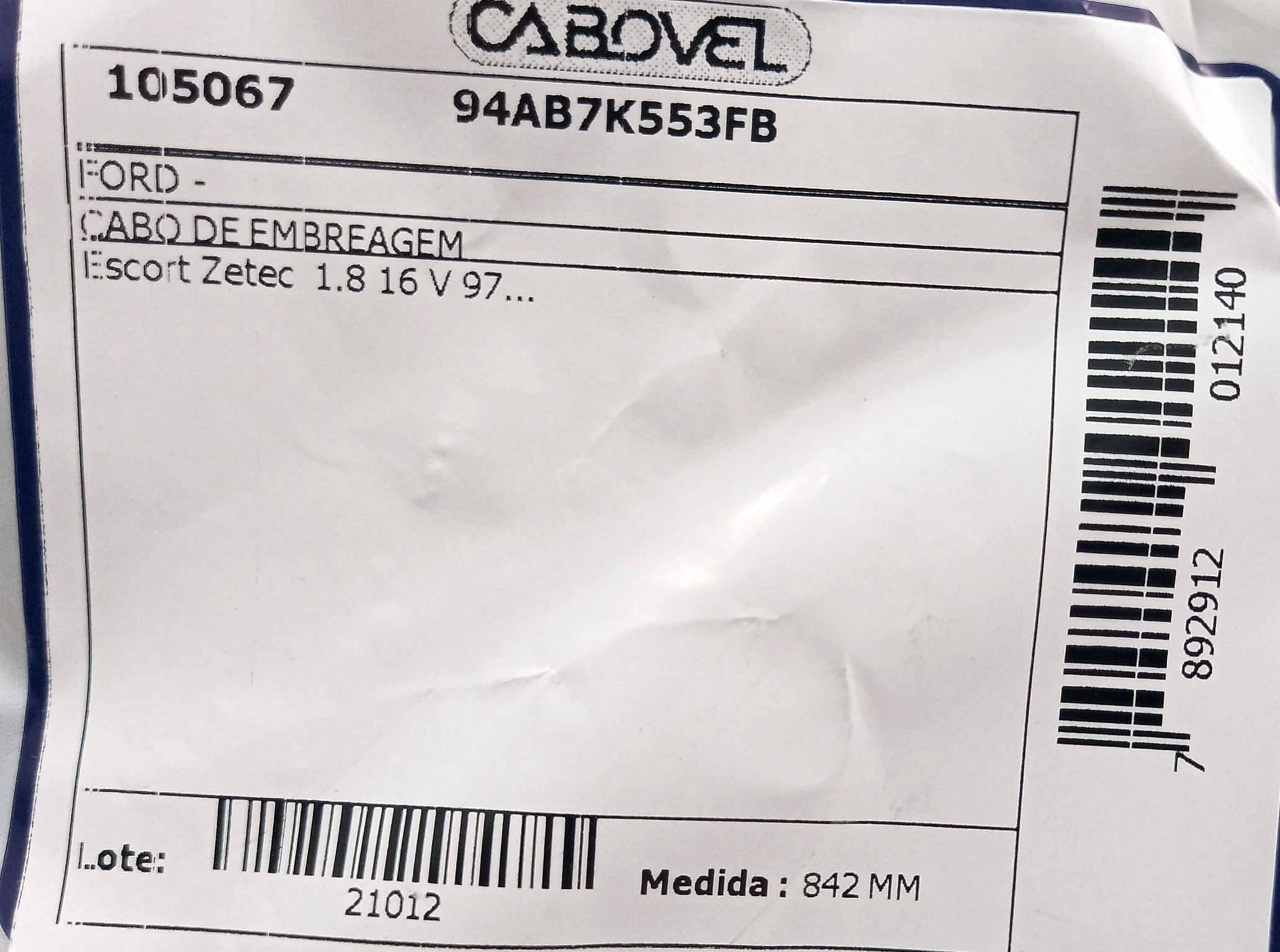 CABO EMBREAGEM 842MM FORD ESCORT SW 1.8 16V 1997/ ZETEC