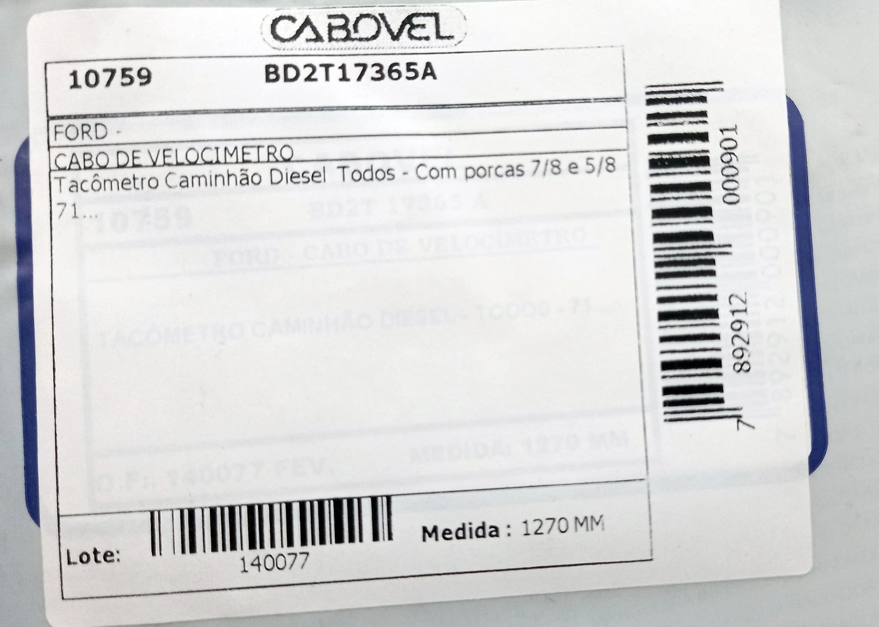 CABO VELOCIMETRO/TACOMETRO FORD CAMINHOES DIESEL 1971/ - 1270MM - COM PORCA 7/8 - 5/8