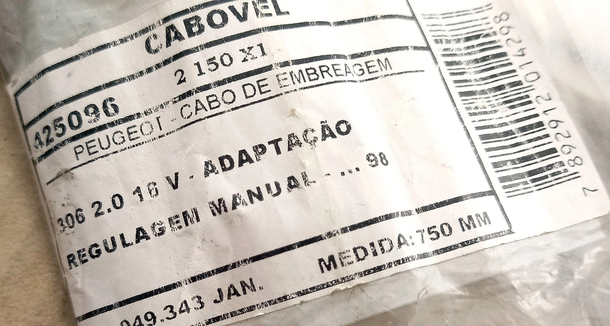 CABO EMBREAGEM 750MM PEUGEOT 306 2.0 16V /1998 ADAPTAÇÃO REGULAGEM MANUAL
