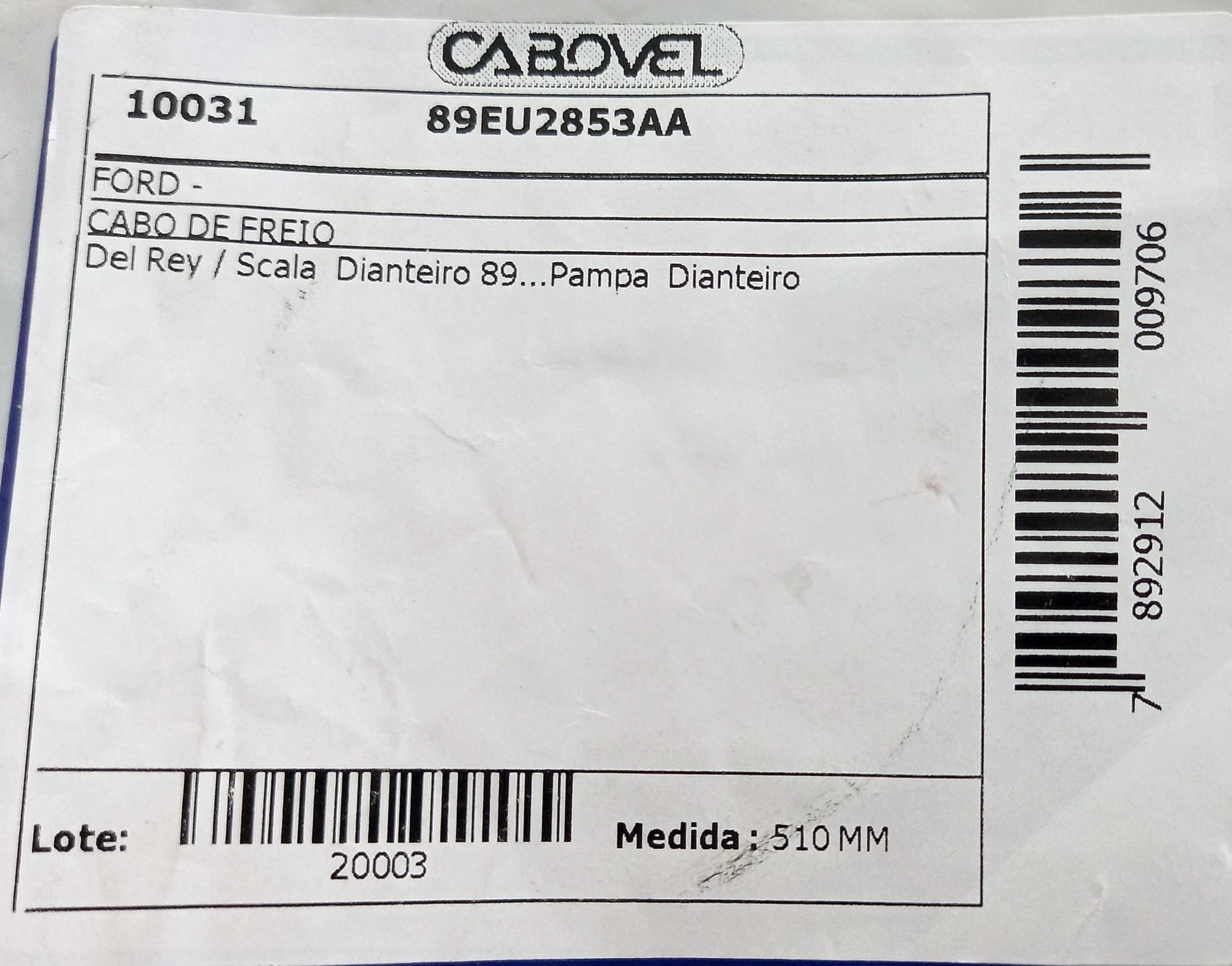 CABO FREIO DIANTEIRO 510MM FORD PAMPA/DEL REY/SCALA 1989/