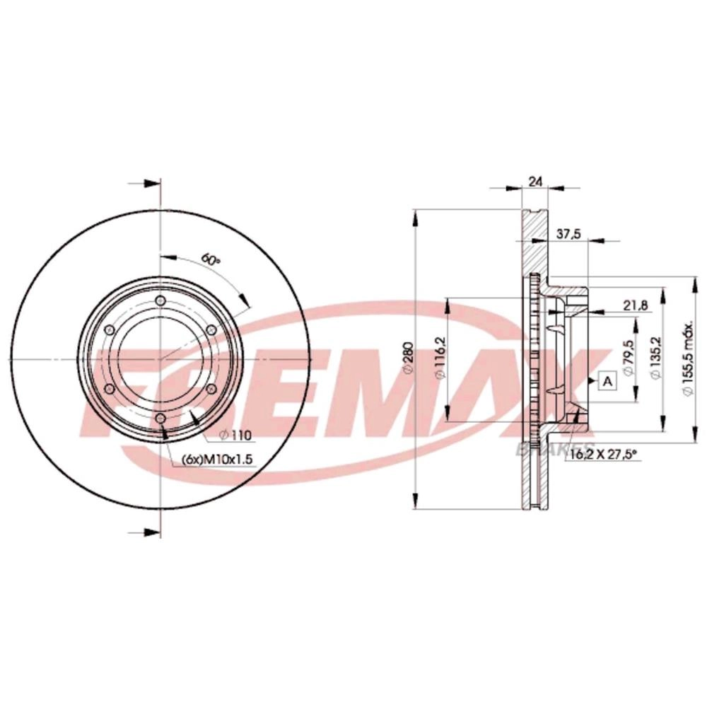 DISCO FREIO DIANTEIRO VENTILADO 280MM 6 FUROS RENAULT MASTER 2.8 2002/2004