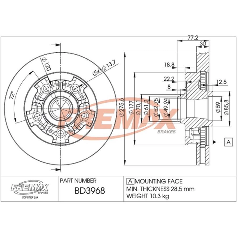 DISCO FREIO DIANTEIRO COM CUBO VENTILADO 275.6MM 5 FUROS GM S-10 BLAZER 4X2 03.97/2011