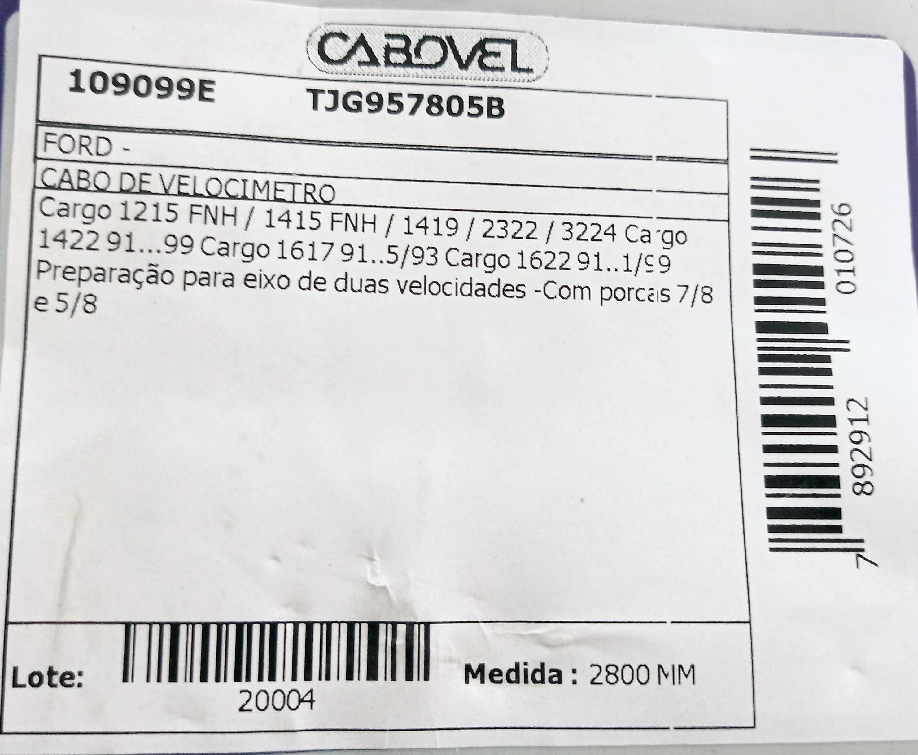 CABO VELOCIMETRO FORD CARGO 1215/1415/1419/1422/1622/2322/3224 91/99 - P/EIXO 2 VELOCIMETRO 2800MM