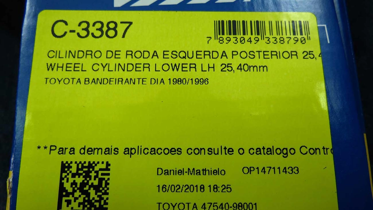 CILINDRO RODA DIANTEIRO POSTERIOR LADO ESQUERDO DIANTEIRA POSTERIOR/INFERIOR TOYOTA BANDEIRANTE 80/96 1P