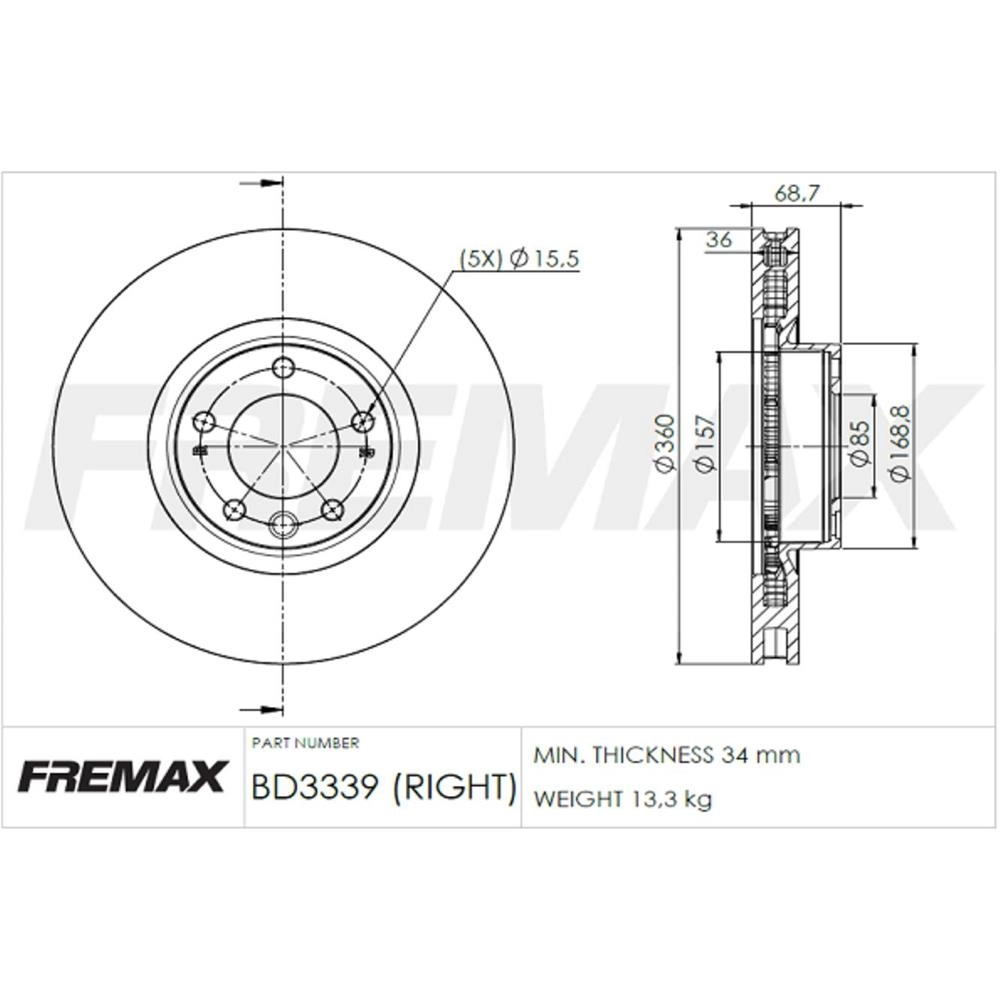 DISCO FREIO DIANTEIRO LADO DIREITO VENTILADO 360MM VW TOUREG 3.6/4.2 V6/V8 10/19 PORSCHE CAYENNE 10/16 V360MM