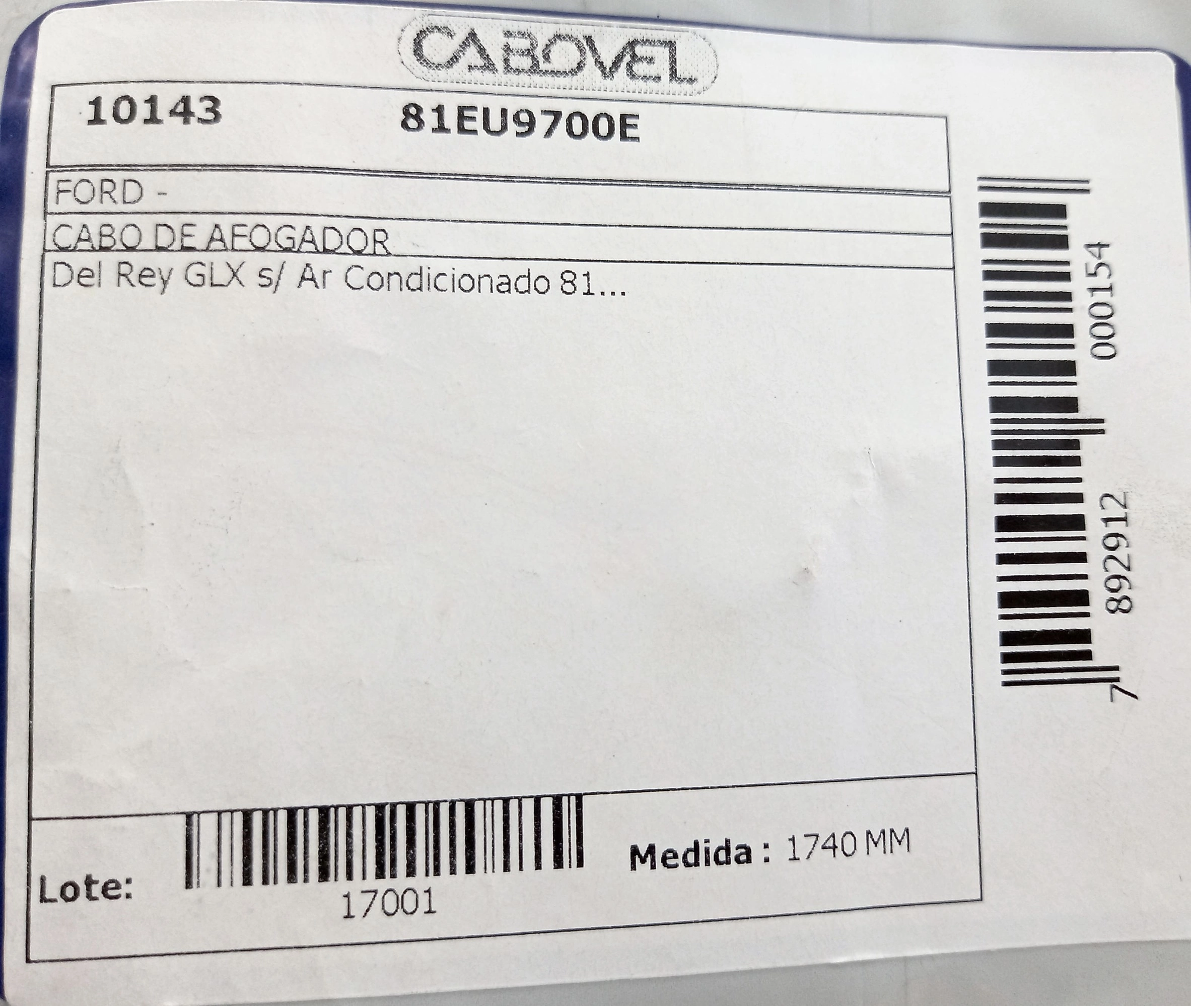CABO AFOGADOR 1740MM FORD DEL REY GLX 1981/ SEM AR CONDICIONADO