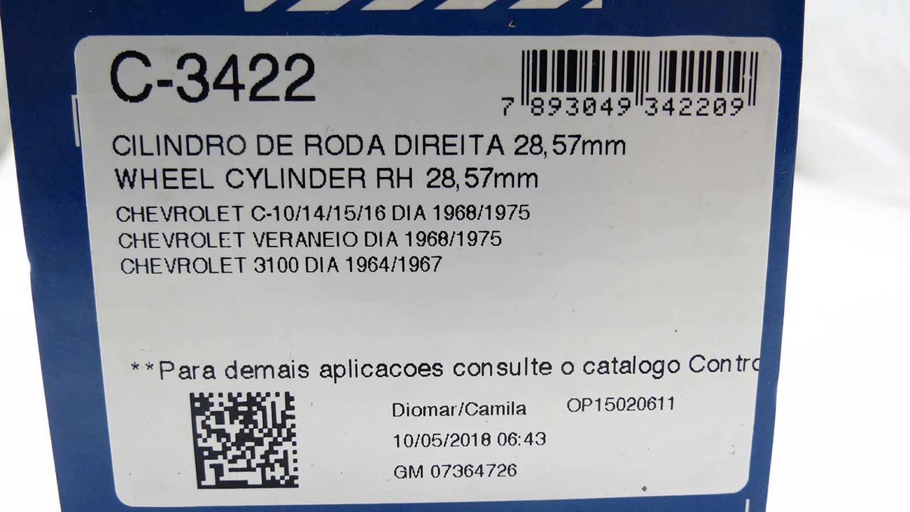 CILINDRO RODA FREIO DIANTEIRO LADO DIREITO DIANTEIRA DIREITA GM A/C-10/14/15/VERANEIO 68/75 3100 64/67 1.1/8 28,57MM