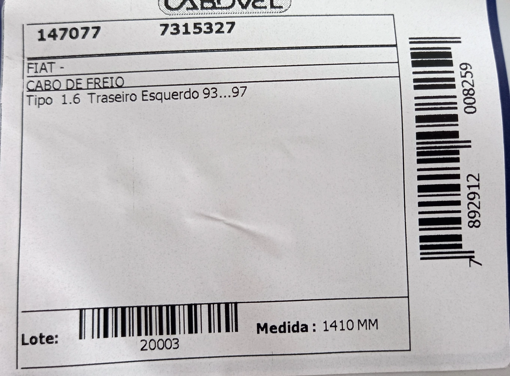 CABO FREIO TRASEIRO ESQUERDO 1410MM FIAT TIPO 1.6 93/97