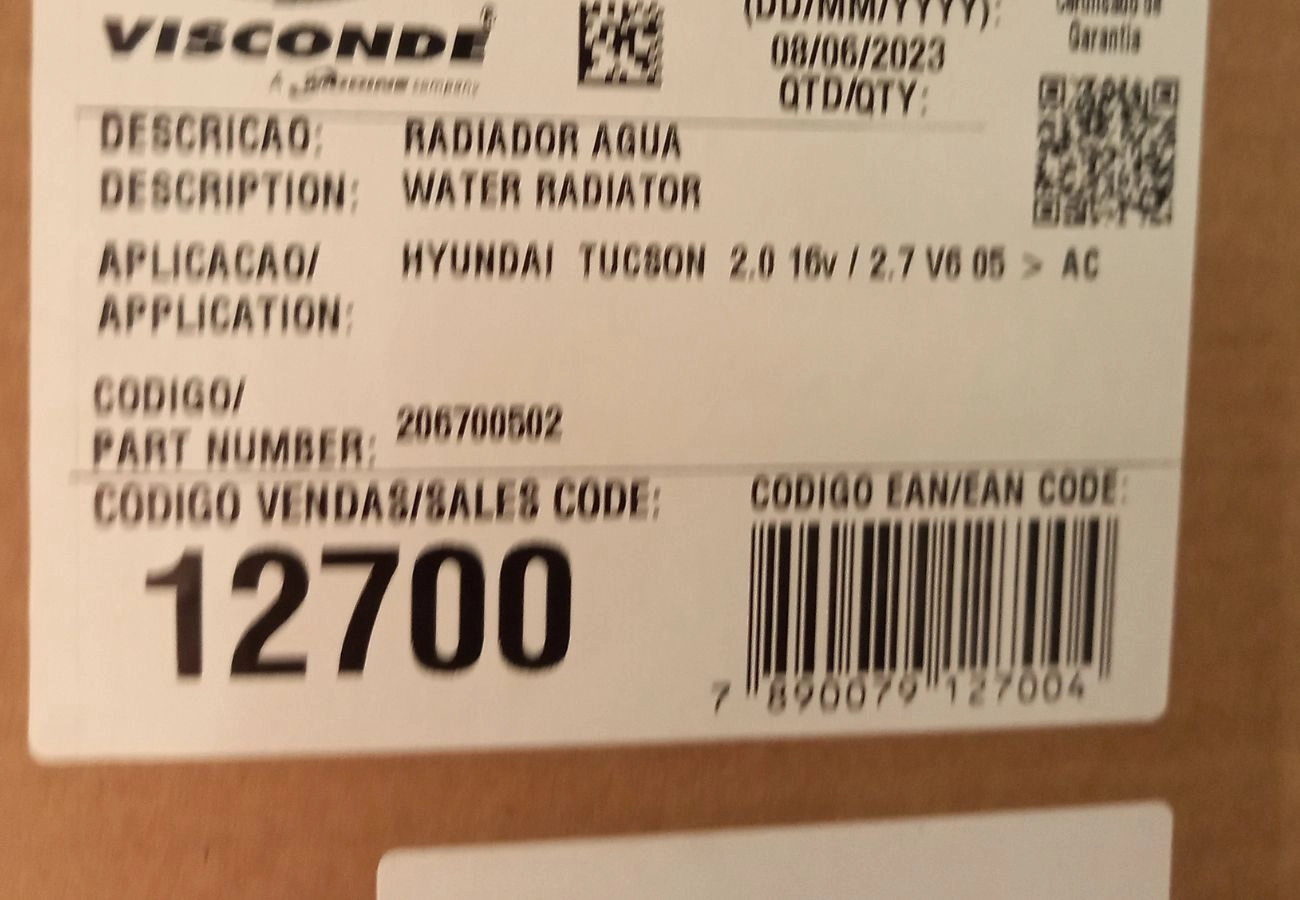 RADIADOR MOTOR BRASADO HYUNDAI TUCSON 2.0 16V 05/14 - 4CIL - AUTOMÁTICO/MANUAL
