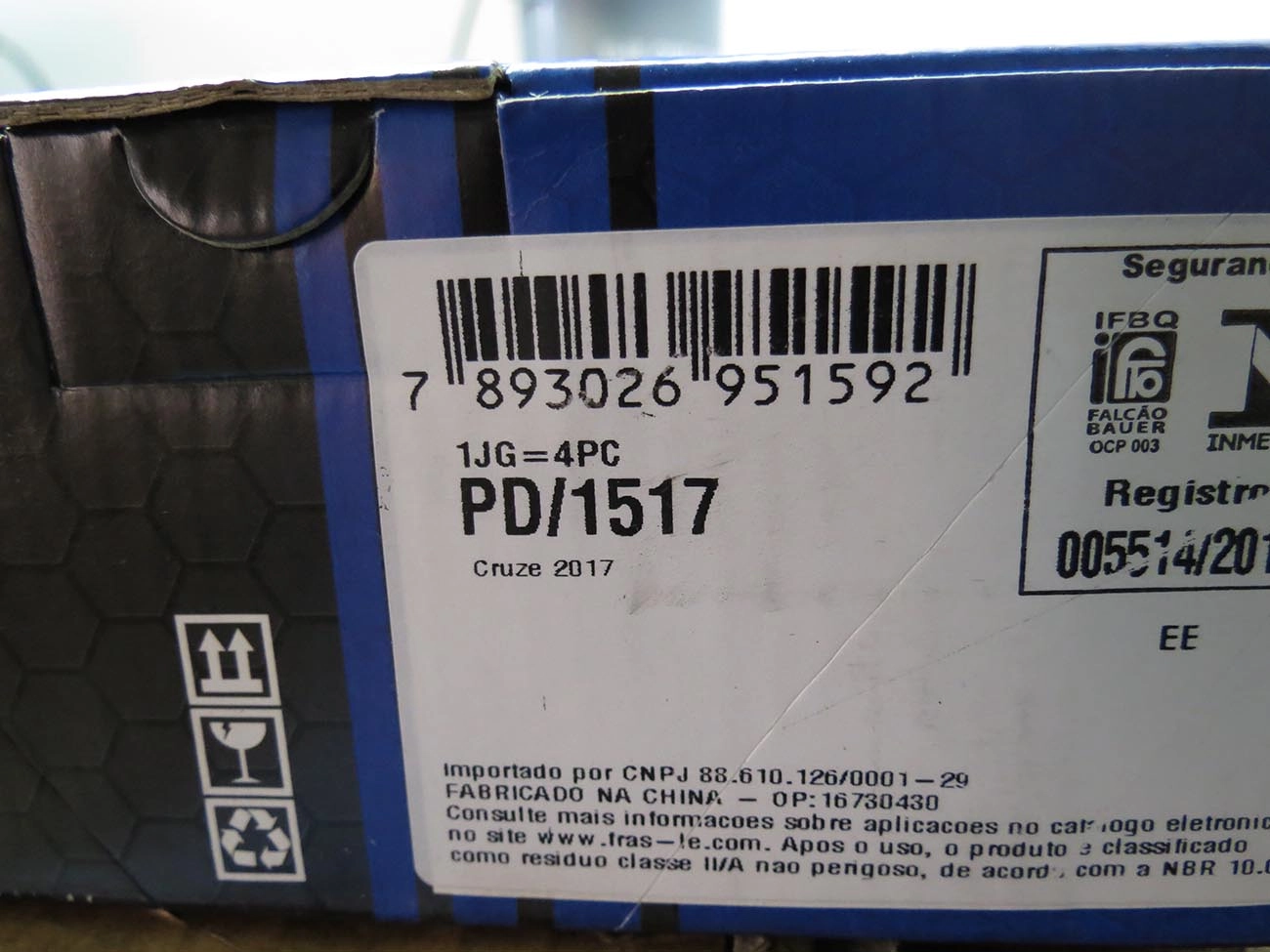 PASTILHA DE FREIO DIANTEIRA GM CRUZE/CRUZE SPORT TURBO 1.4 16/