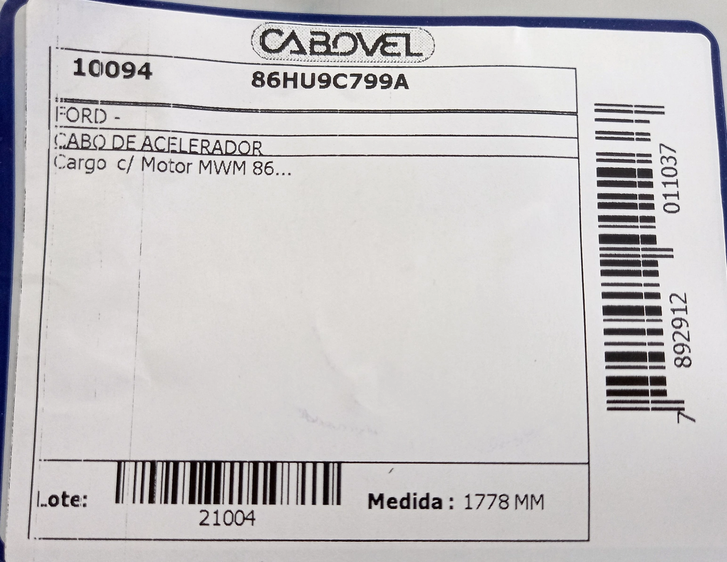 CABO ACELERADOR 1778MM COM MOTOR MWM FORD CARGO 1986/