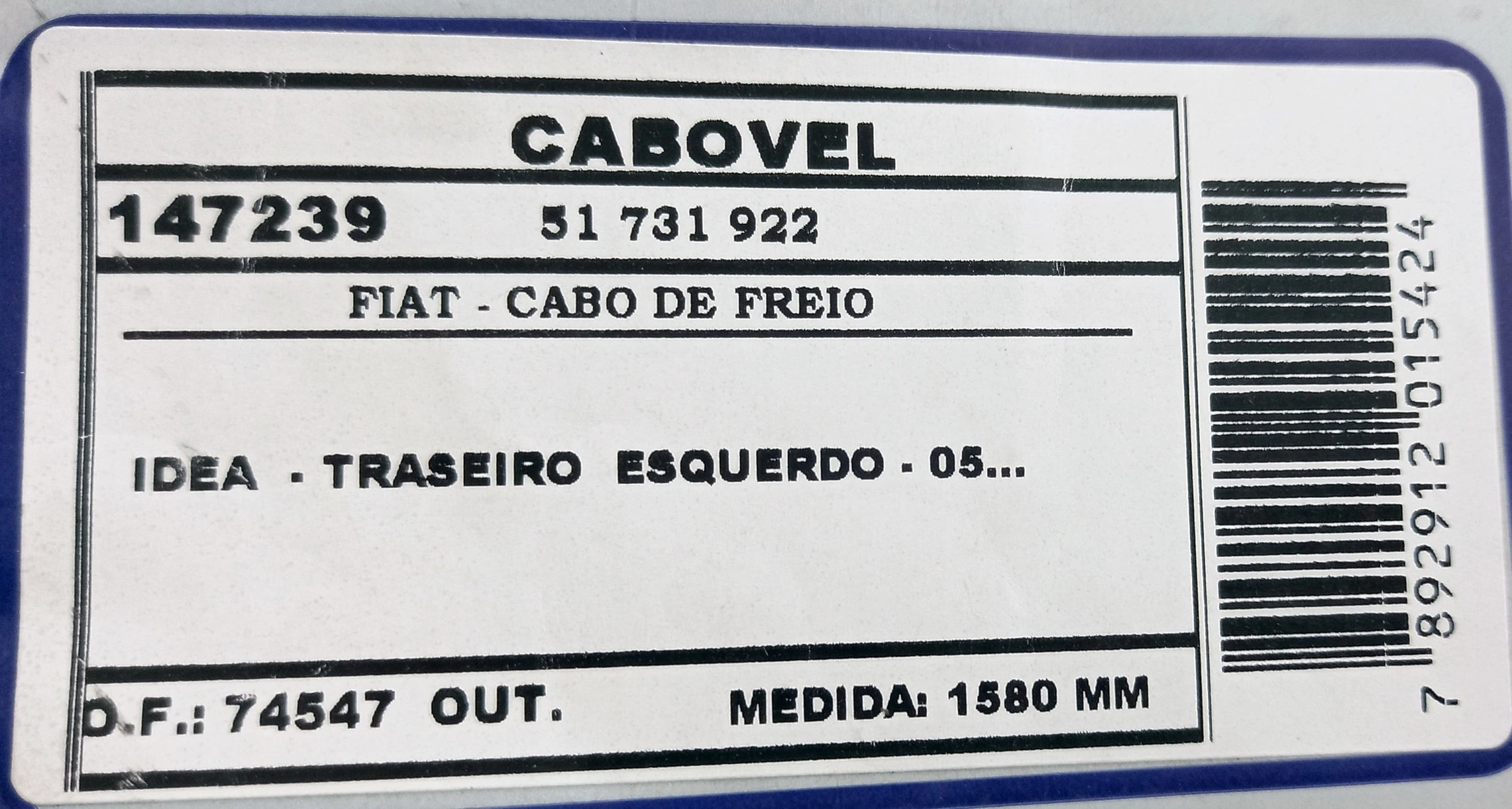 CABO FREIO TRASEIRO ESQUERDO 1580MM FIAT IDEA 2005/ 1580
