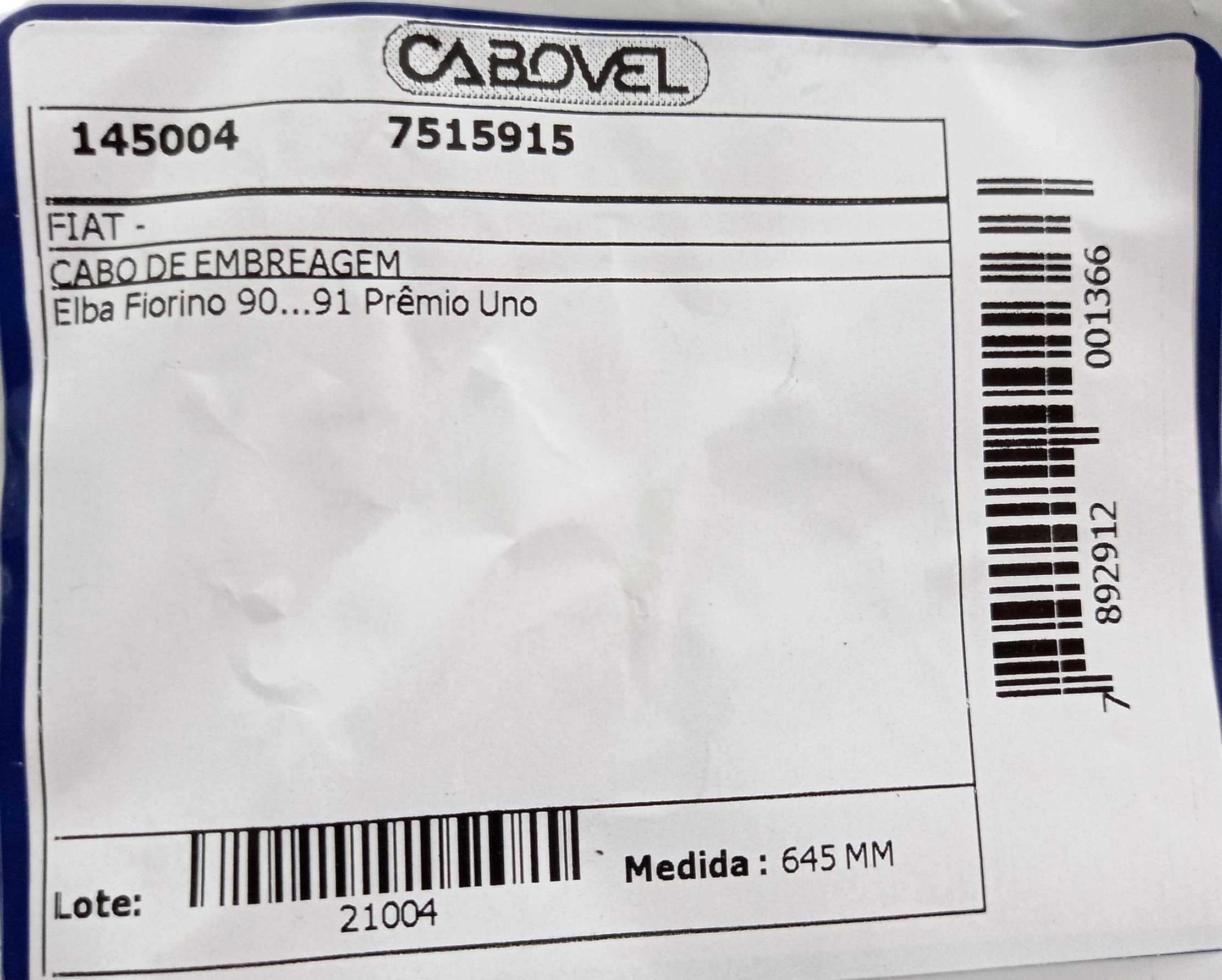 CABO EMBREAGEM 645MM FIAT UNO/PREMIO/ELBA/FIORINO 90/91