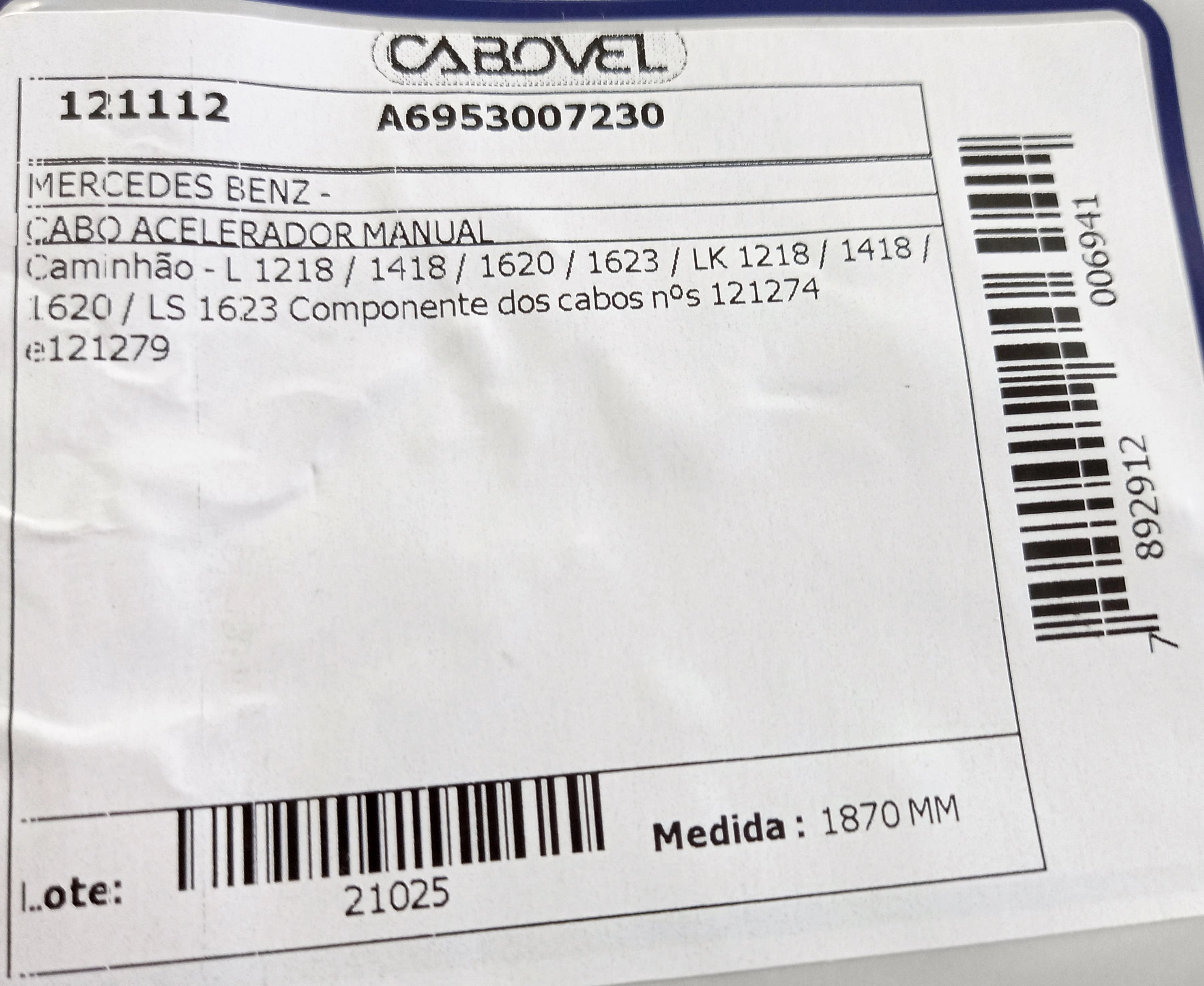 CABO ACELERADOR MANUAL 1870MM MB 1218/1418/1620/1623