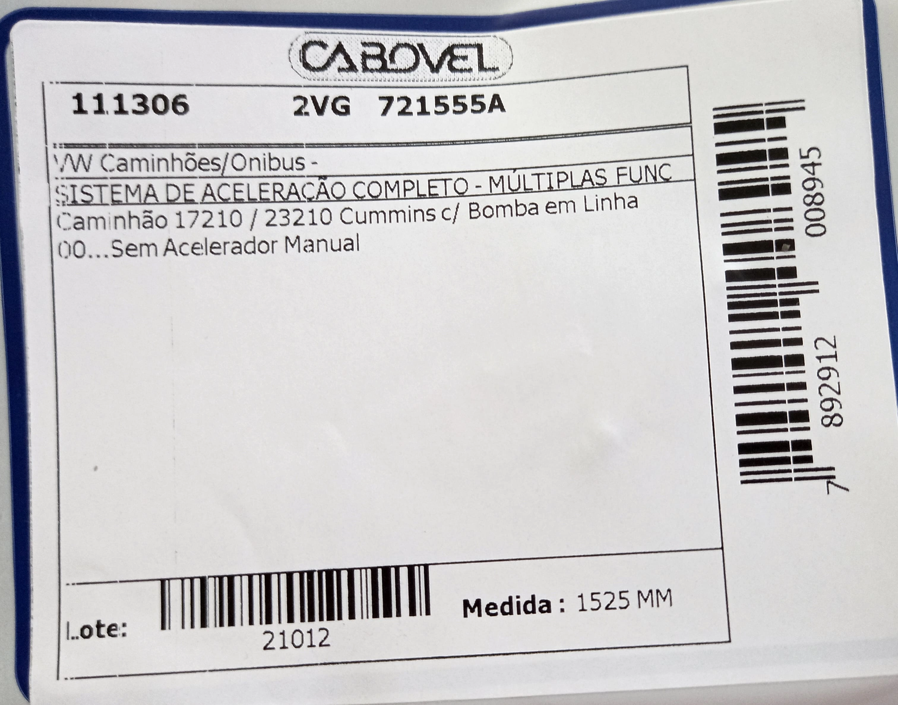 CABO ACELERADOR 1525MM VW 17.210 CUMMINS 2000/ MULTIPLAS FUNCOES BOMBA LINHA