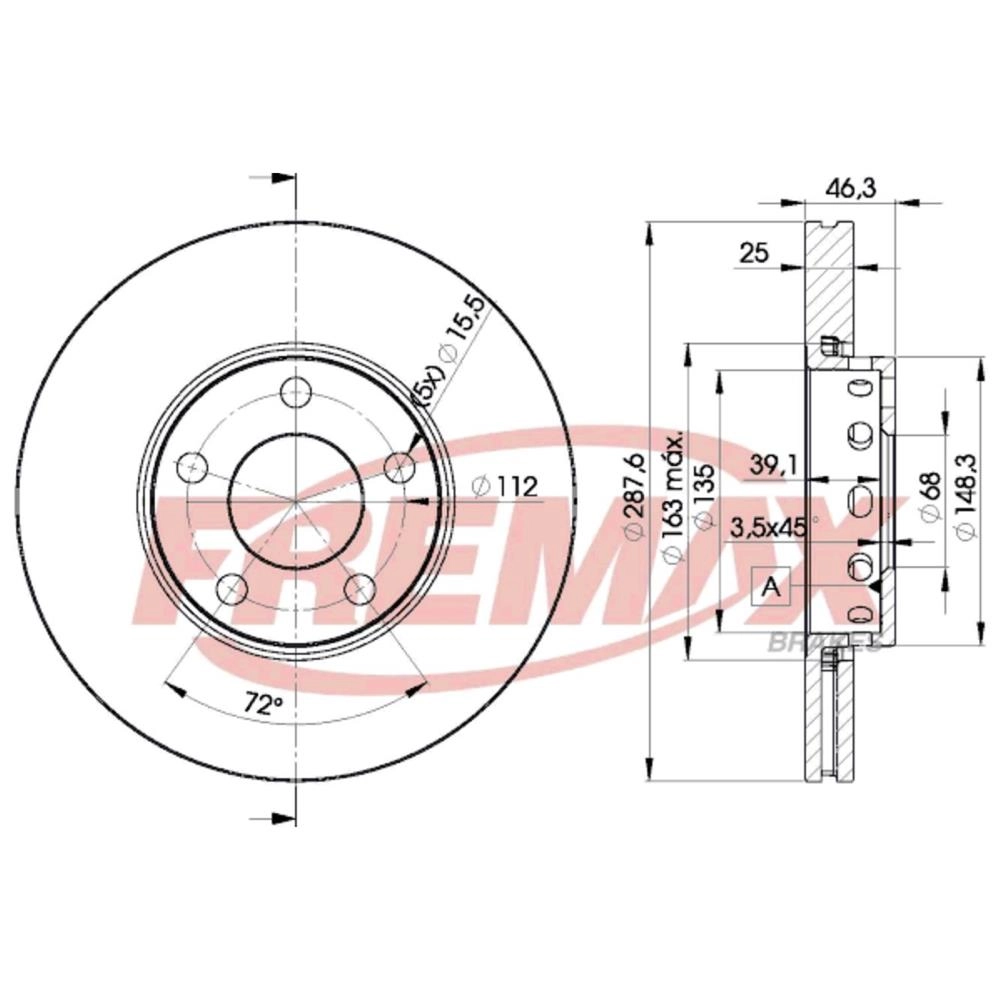 DISCO FREIO DIANTEIRO VENTILADO 287,60MM VW PASSAT/VARIANT 1.8 20V TURBO 2.8 30V 96/ AUDI A4 287,6MM