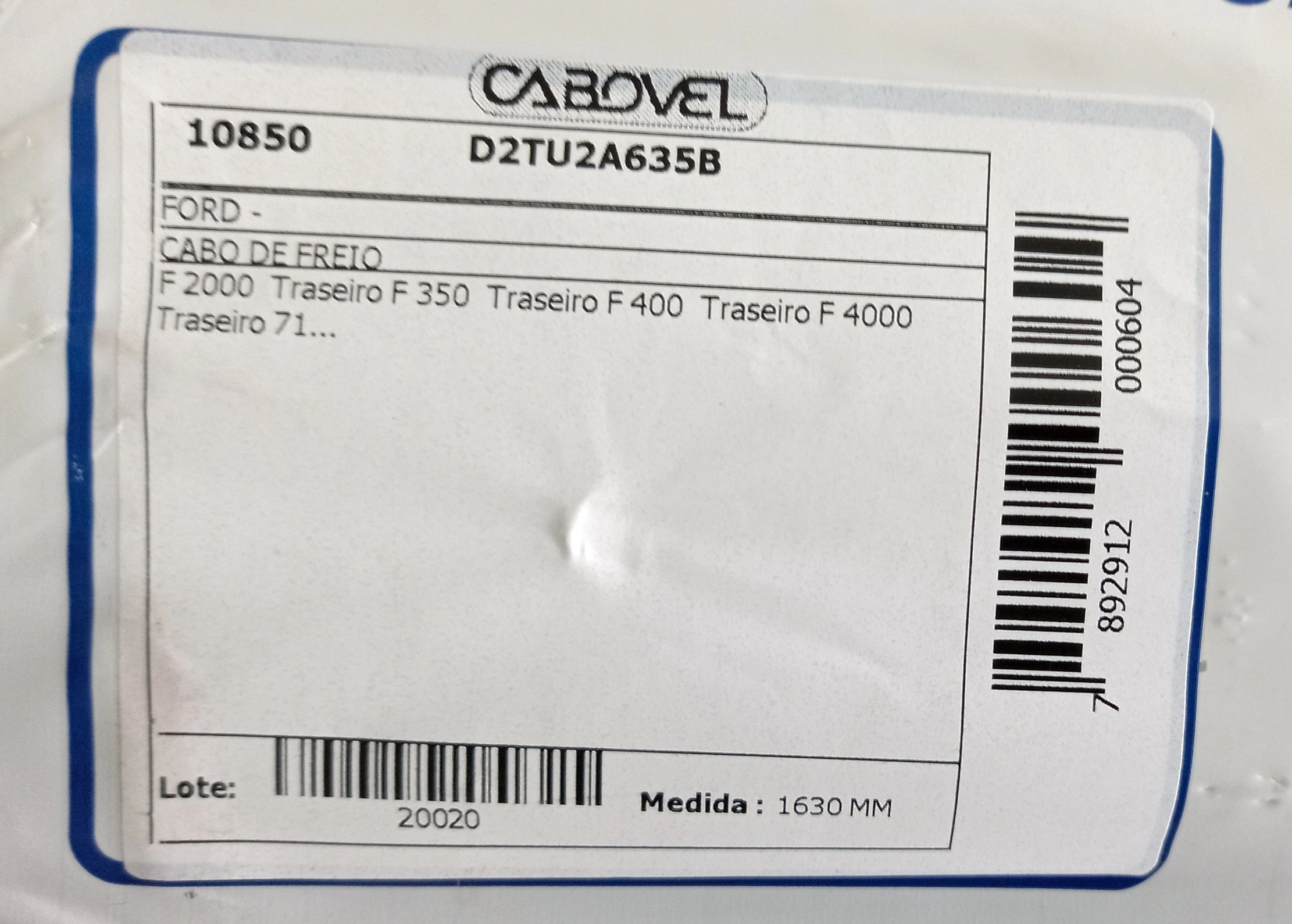 CABO FREIO TRASEIRO 1630MM FORD F-350/F-400/F-2000/F-4000 1971/1992 PARA UMA RODA