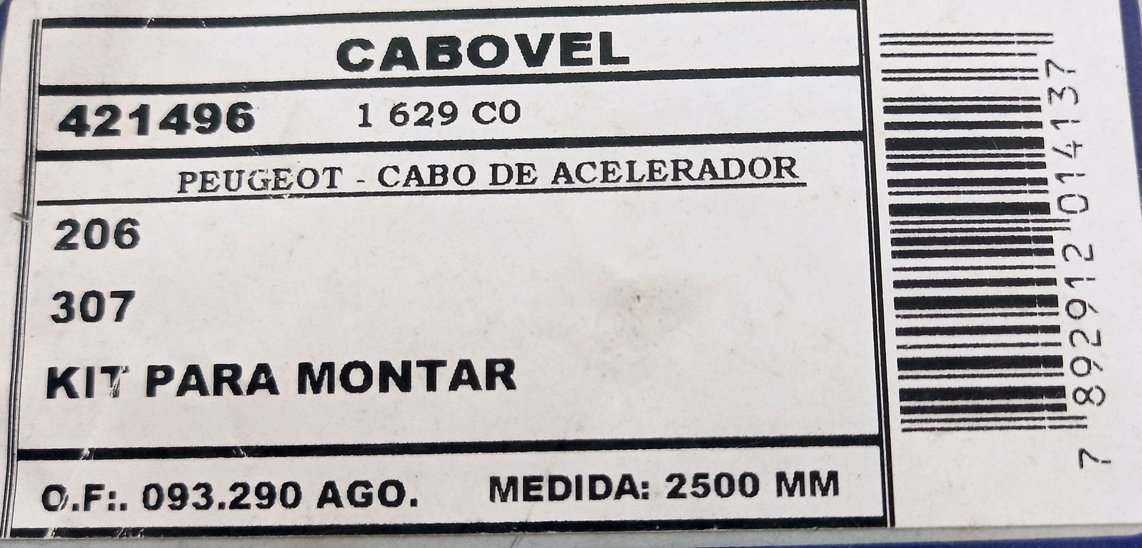 CABO ACELERADOR 2500MM PEUGEOT 206/307 KIT P/MONTAR 2500