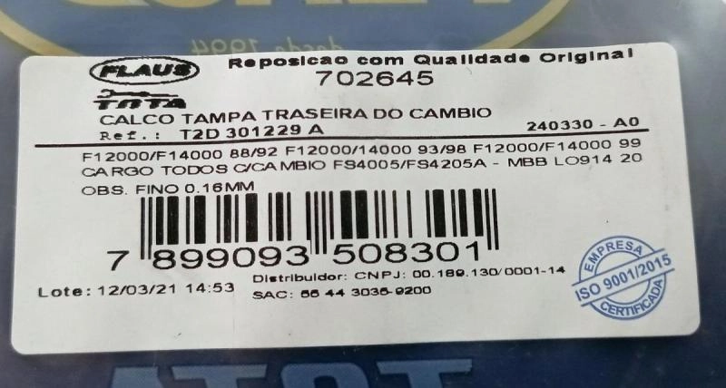 CALÇO TAMPA TRASEIRA DO CÂMBIO - FORD F12000/F14000 88/05 - CARGO TODOS - MBB LO914 02/