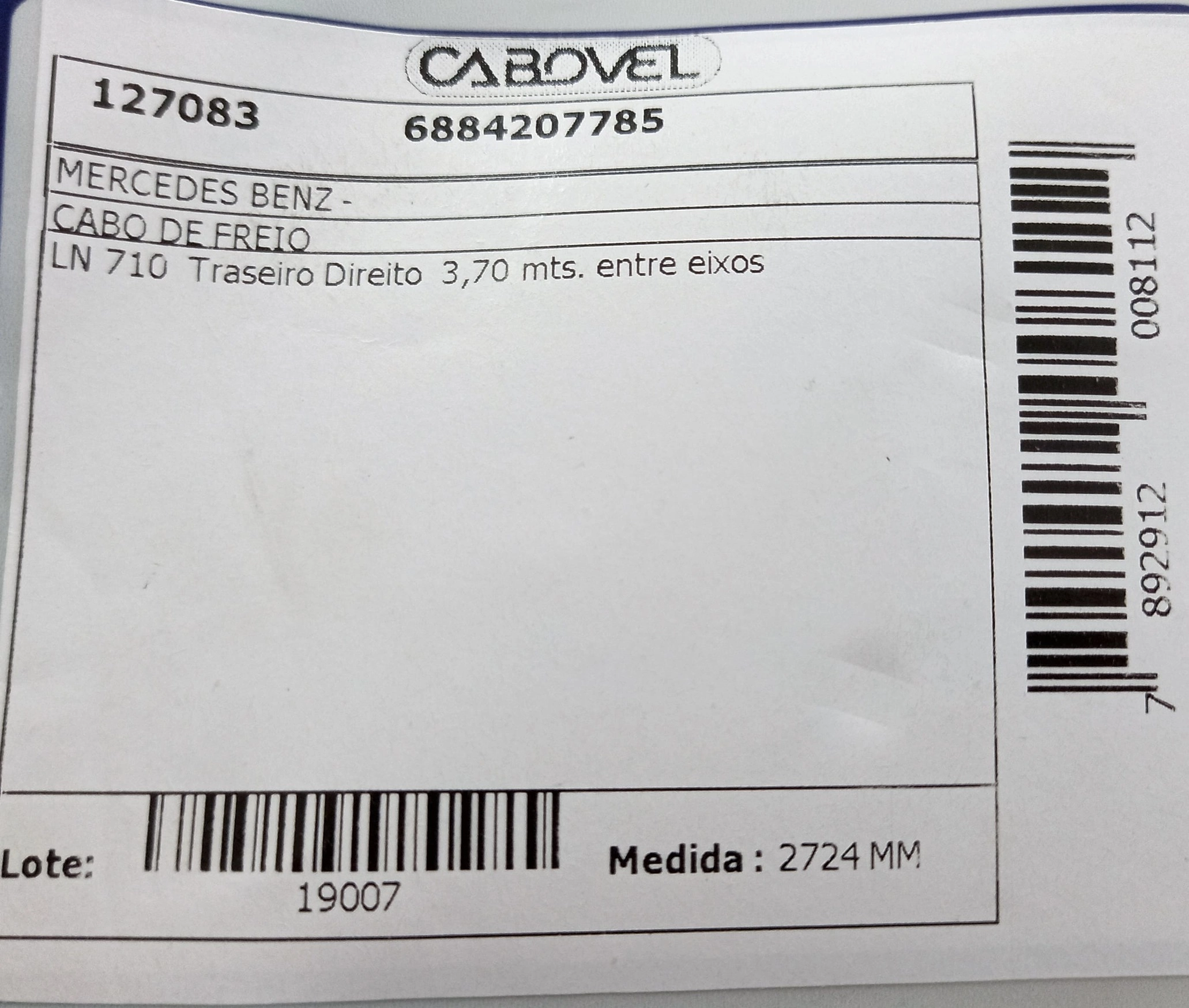 CABO FREIO MB LN-710 - 3700 ENTRE EIXOS TRASEIRO DIREITO 2724MM
