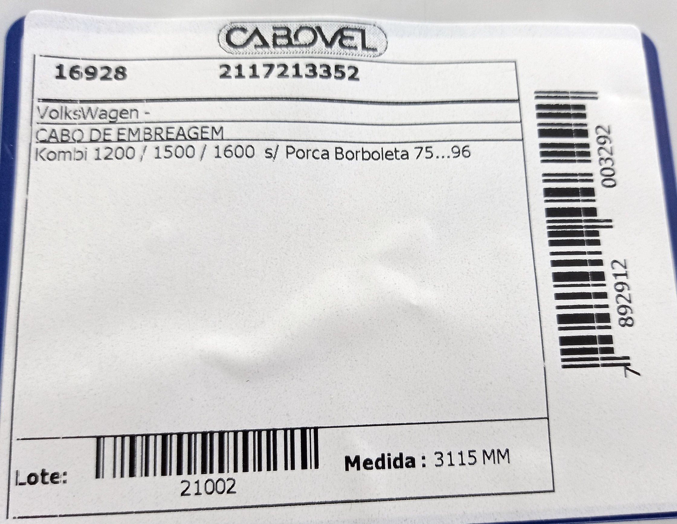 CABO EMBREAGEM VW KOMBI 1200/1500/1600 - S/PORCA BORBOLETA 75/96 31