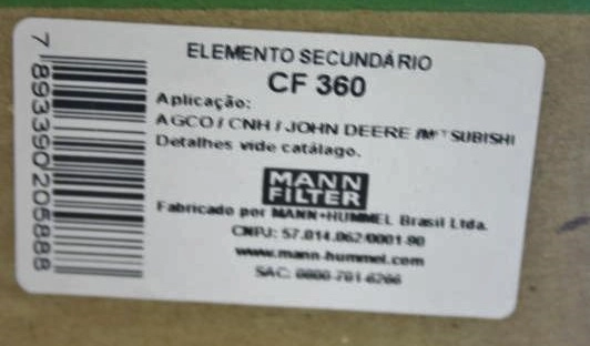 ELEMENTO SECUNDÁRIO FILTRO AR JOHN DEERE 5000 MF 290 NEW HOLLAND TL/TS/7000/8000