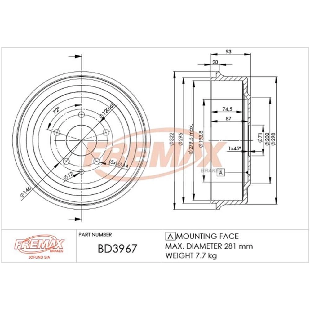TAMBOR FREIO GM S-10/BLAZER 97/2011 5 FUROS P/LONA CB/51-CPA 75MM PISTA