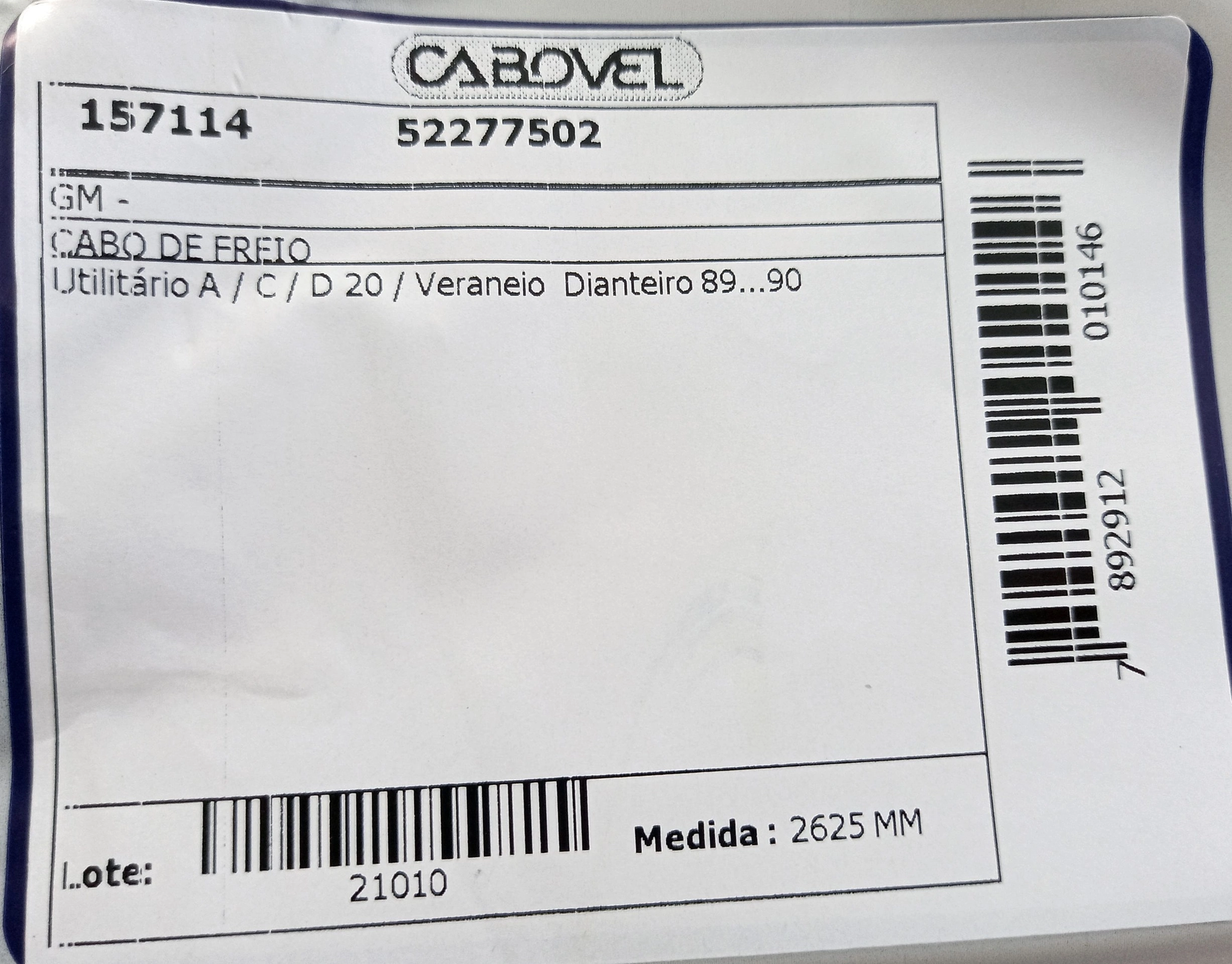 CABO FREIO DIANTEIRO 2625MM GM A/C/D-20/VERANEIO 89/90 2625