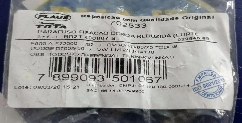 PARAFUSO FIXACAO CAIXA SATELITE FORD/GM/VW/DODGE TINKEM/TINKAO TODOS - CURTO