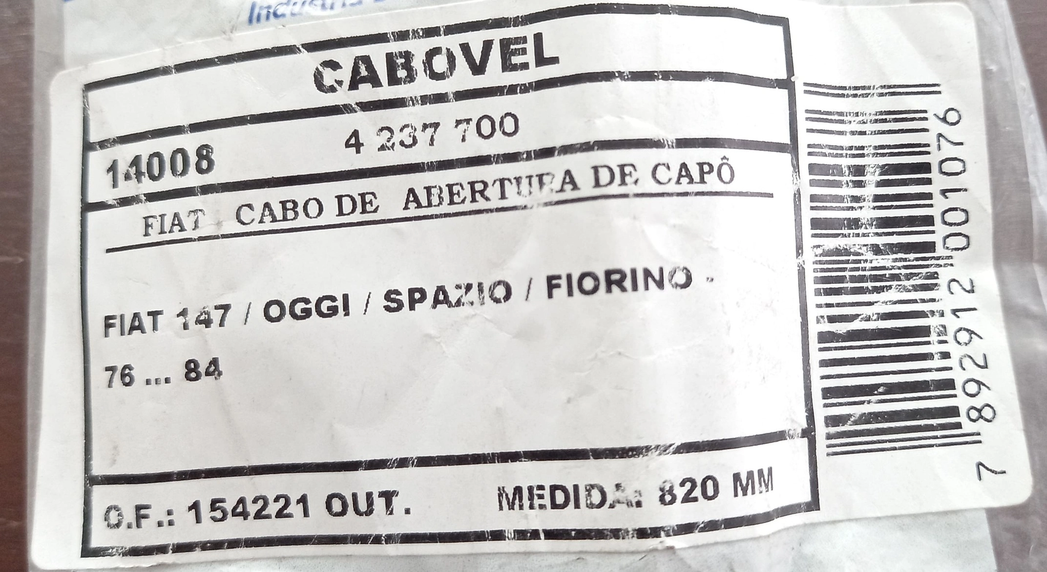 CABO CAPÔ SEM ALAVANCA 820MM CAPO FIAT 147/OGGI/PANORAMA/FIORINO 76/86