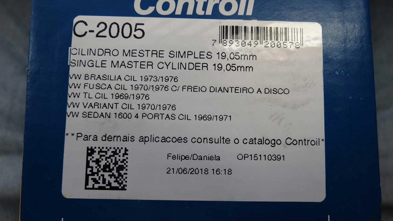 CILINDRO MESTRE FREIO SIMPLES 19.05MM VW FUSCA/BRASILIA/VARIANT/TL 69/76 TODOS COM A DISCO