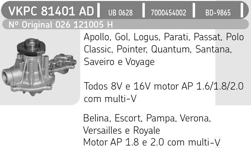 BOMBA ÁGUA MOTOR AP COM POLIA MULTI V AGUA VW GOL/PARATI/SAVEIRO/SANTANA/QUANTUM 95/ C/POLIA