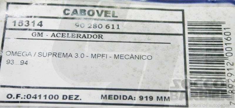 CABO ACELERADOR GM OMEGA/SUPREMA 3.0 MPFI - MECANICO 93/94 919
