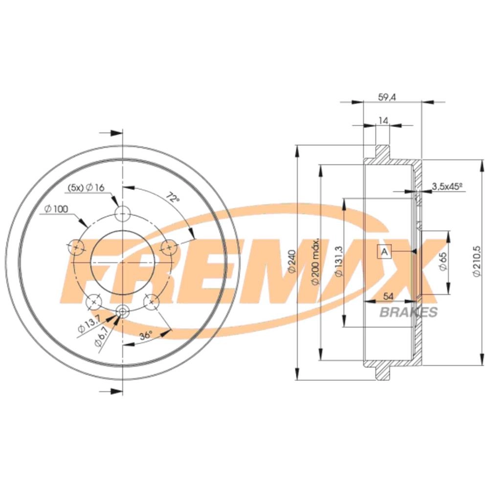 TAMBOR FREIO TRASEIRO 5 FUROS SEM CUBO VW CROSSFOX 05/18 FOX 04/ POLO 02/15 SPACEFOX 06/19 200MM INTERNO